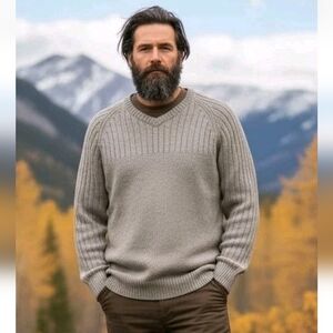 Columbia Fisherman Sweater Mens M Light Brown V-Neck Pullover Cotton Knit